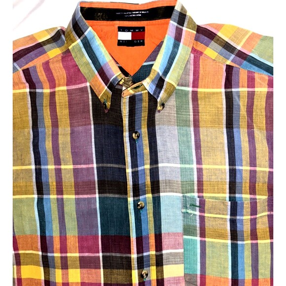 Tommy Hilfiger Mens Multicolor Madras Short Sleeve Button Down Shirt Size XL - Picture 2 of 5